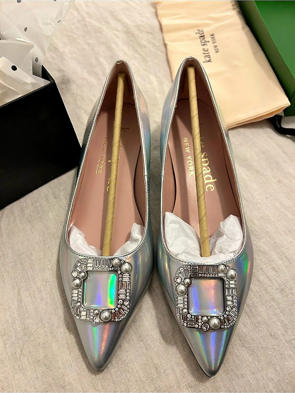 kate spade Silver Pointed-Toe Flats NWT